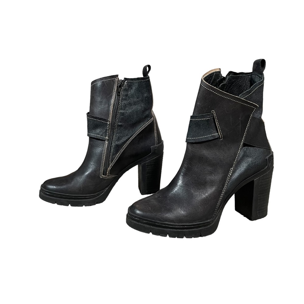 Fly London Goal Black & Anthracite Leather Heeled Ankle Boots EU 37